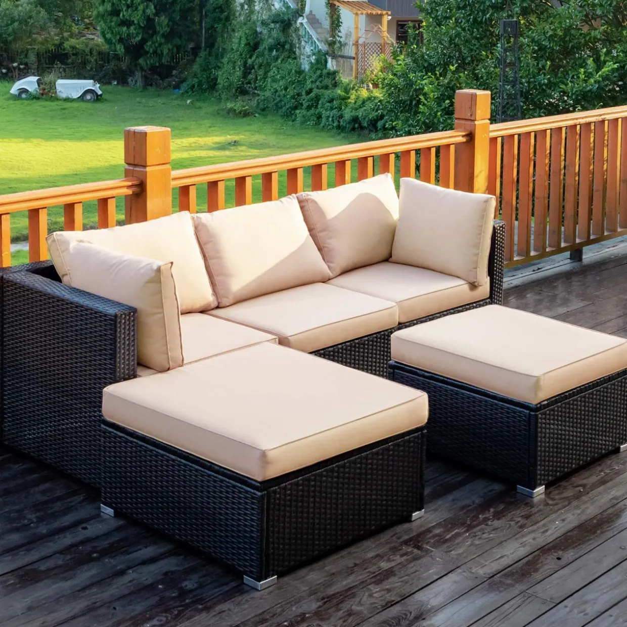 Tangkula 5 Piece Patio Furniture Set, Outdoor Sectional Rattan Sofa Set with Cushions and Coffee Table