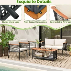 Tangkula 4 Piece Patio Furniture Set, Patiojoy Rattan Chair Set w/ 2-Tier Coffee Table