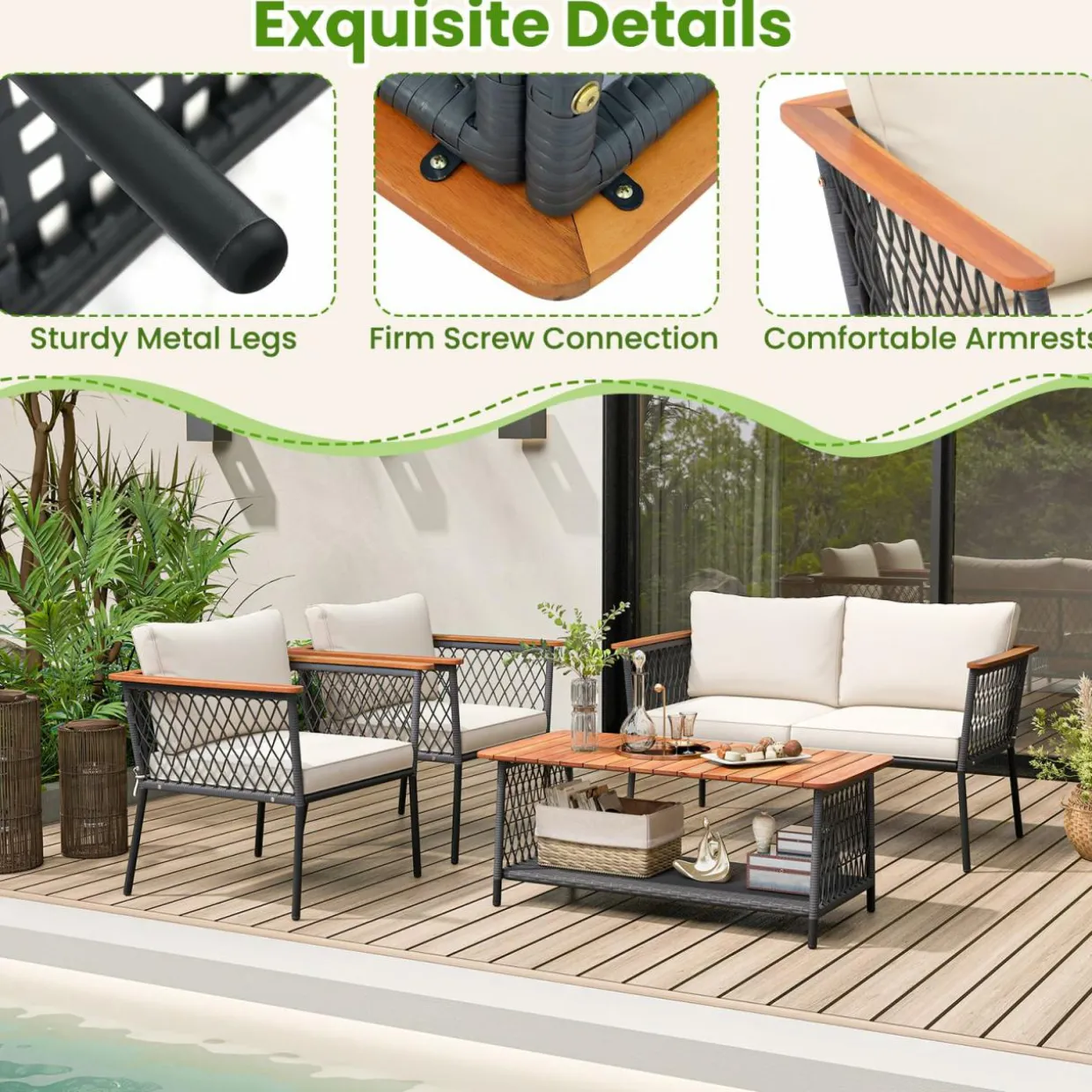 Tangkula 4 Piece Patio Furniture Set, Patiojoy Rattan Chair Set w/ 2-Tier Coffee Table