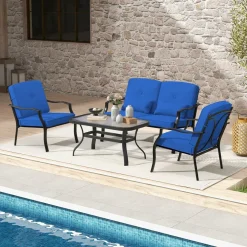 Tangkula 4 Piece Patio Furniture Set, Heavy Duty Outdoor Conversation Set with Soft Padded Cushions & Waist Pillows