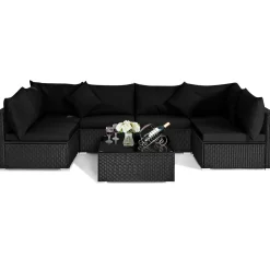 Tangkula 7 Piece Patio Furniture Set, Outdoor Sectional Sofa w/Pillows and Cushions, Wicker Sofa Conversation Set with Coffee Table