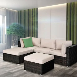 Tangkula 5 Piece Patio Furniture Set, Outdoor Sectional Rattan Sofa Set with Cushions and Coffee Table