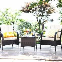 Tangkula 3 Piece Patio Furniture Set, 2 Wicker Chairs with Glass Top Coffee Table