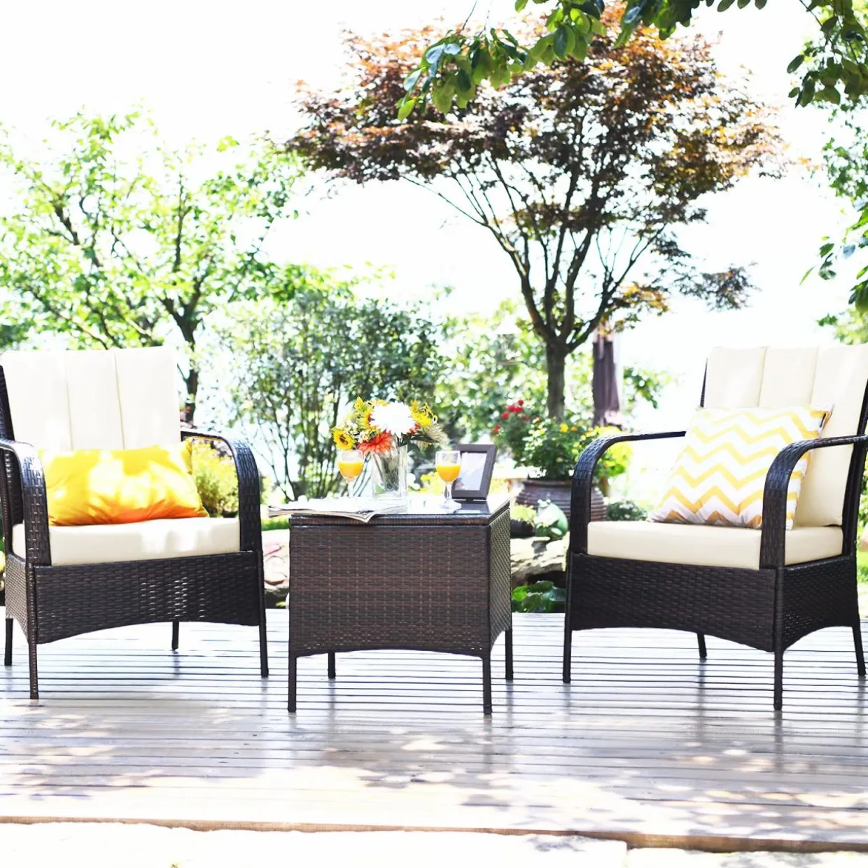 Tangkula 3 Piece Patio Furniture Set, 2 Wicker Chairs with Glass Top Coffee Table