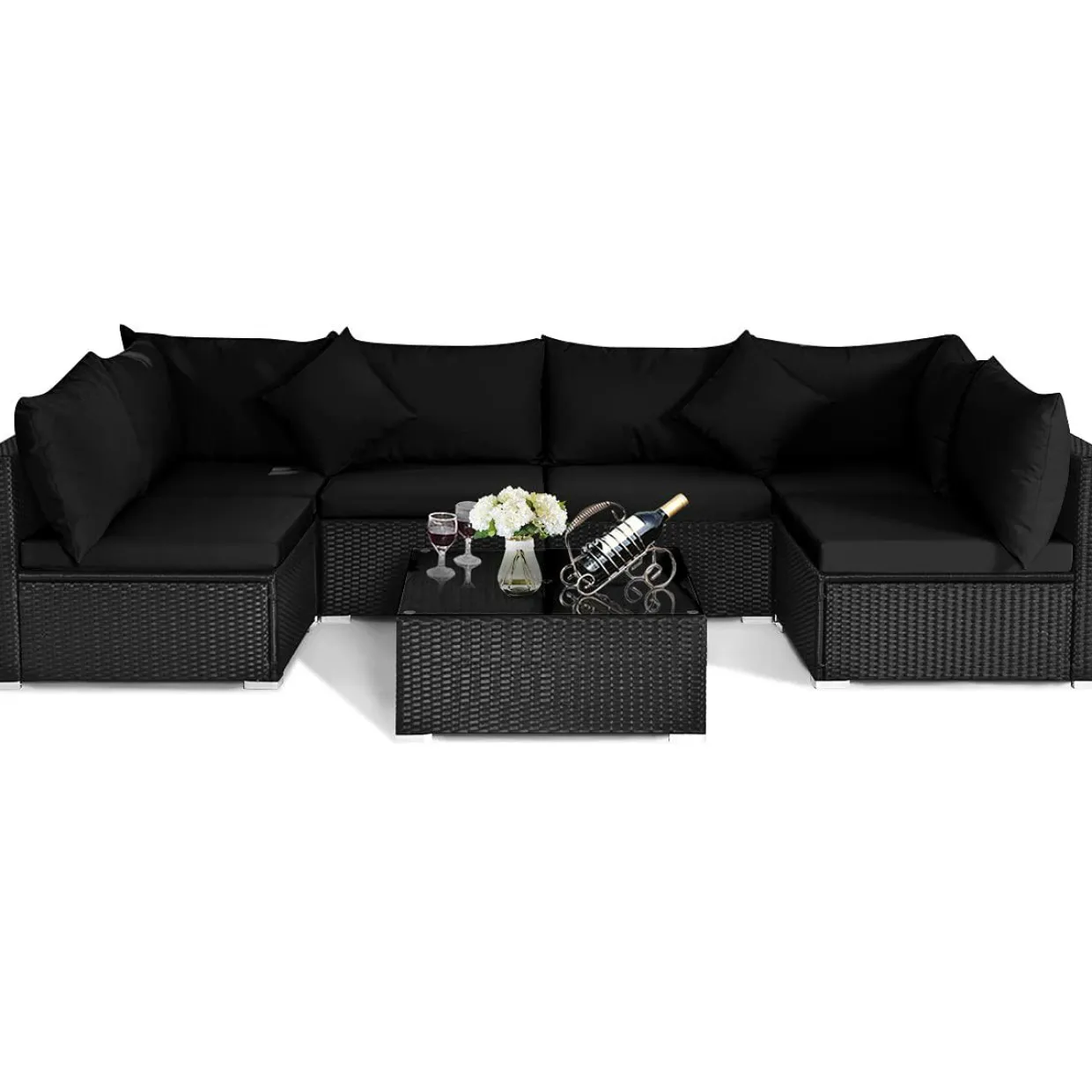 Tangkula 7 Piece Patio Furniture Set, Outdoor Sectional Sofa w/Pillows and Cushions, Wicker Sofa Conversation Set with Coffee Table