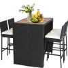 Tangkula 5 Piece Patio PE Wicker Bar Set, Acacia Wood Bar Height Table & 4 Rattan Bar Stool Chairs (Off White)