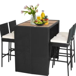 Tangkula 5 Piece Patio PE Wicker Bar Set, Acacia Wood Bar Height Table & 4 Rattan Bar Stool Chairs (Off White)