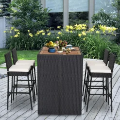 Tangkula 5 Piece Patio PE Wicker Bar Set, Acacia Wood Bar Height Table & 4 Rattan Bar Stool Chairs (Off White)