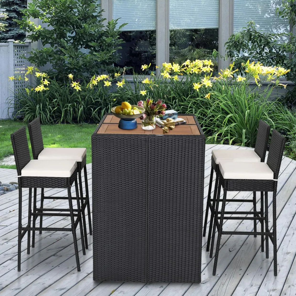 Tangkula 5 Piece Patio PE Wicker Bar Set, Acacia Wood Bar Height Table & 4 Rattan Bar Stool Chairs (Off White)
