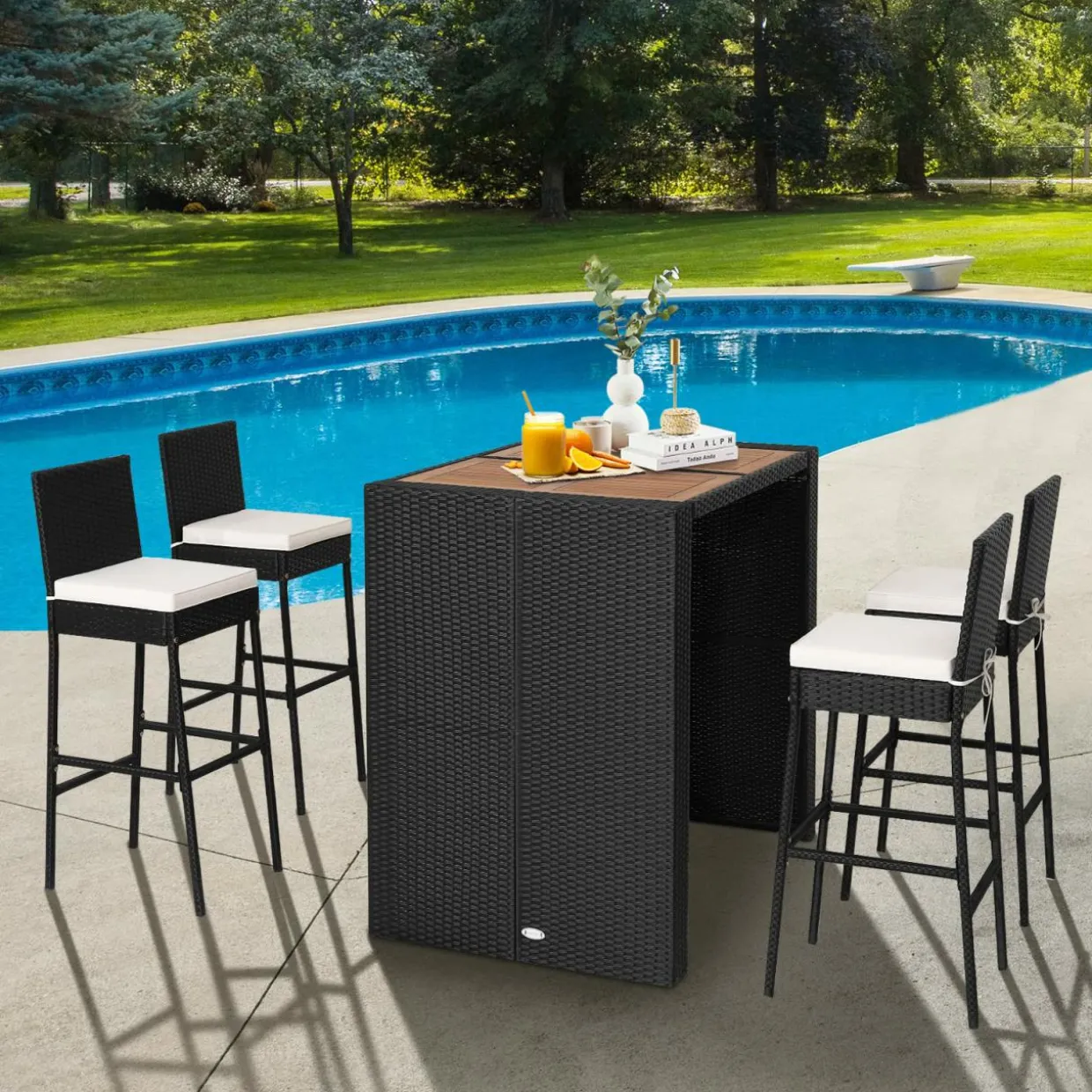 Tangkula 5 Piece Patio PE Wicker Bar Set, Acacia Wood Bar Height Table & 4 Rattan Bar Stool Chairs (Off White)