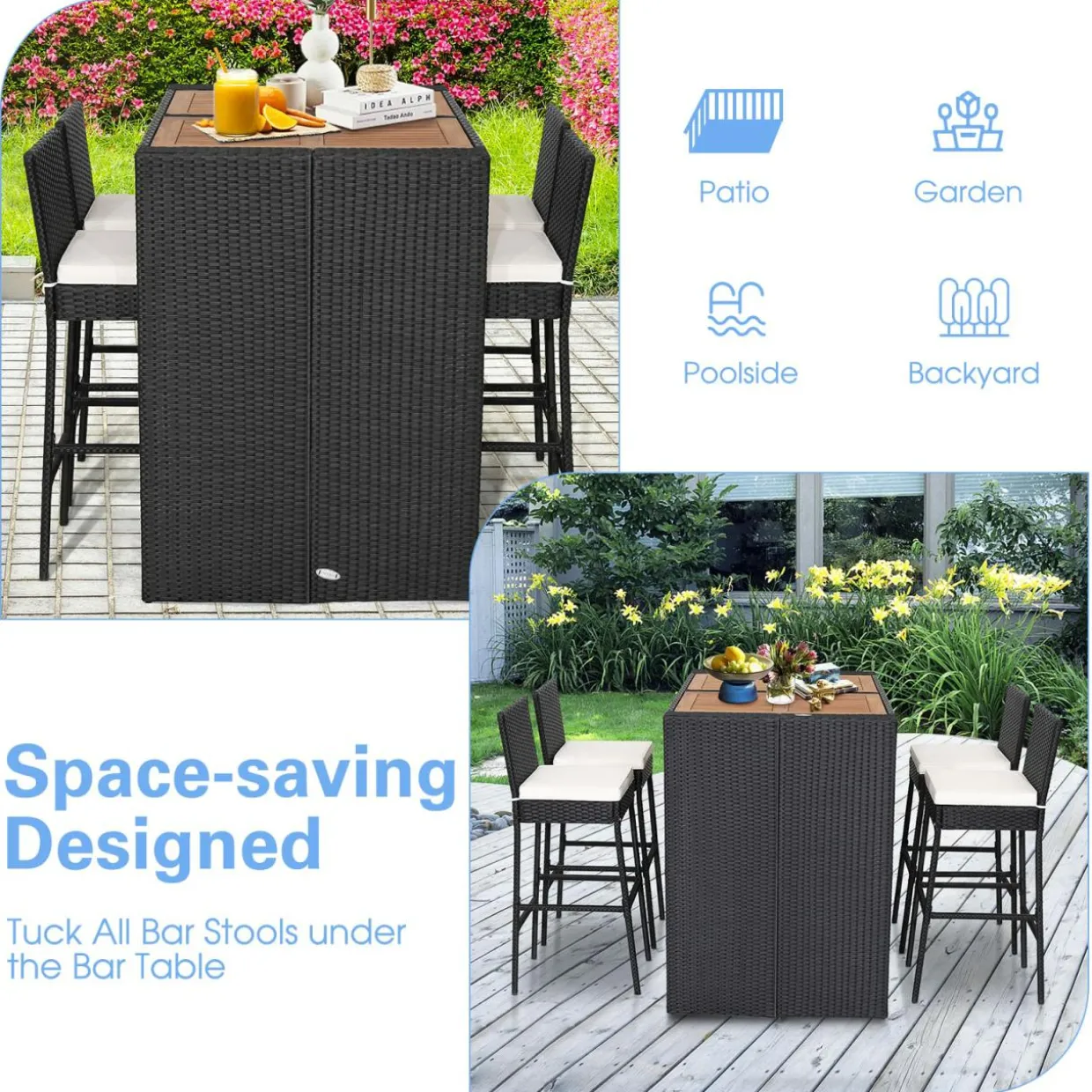 Tangkula 5 Piece Patio PE Wicker Bar Set, Acacia Wood Bar Height Table & 4 Rattan Bar Stool Chairs (Off White)