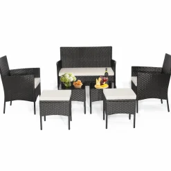 Tangkula 7 Piece Patio Rattan Sofa Set, Wicker Furniture Set with 2 Side Tables and 2 Ottomans, Solid Metal Frame, Soft Cushions