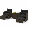 Tangkula 5 Piece Patio Rattan Furniture, Wicker Cushioned Chairs Set w/ 2 Ottomans & Tempered Glass Coffee Table