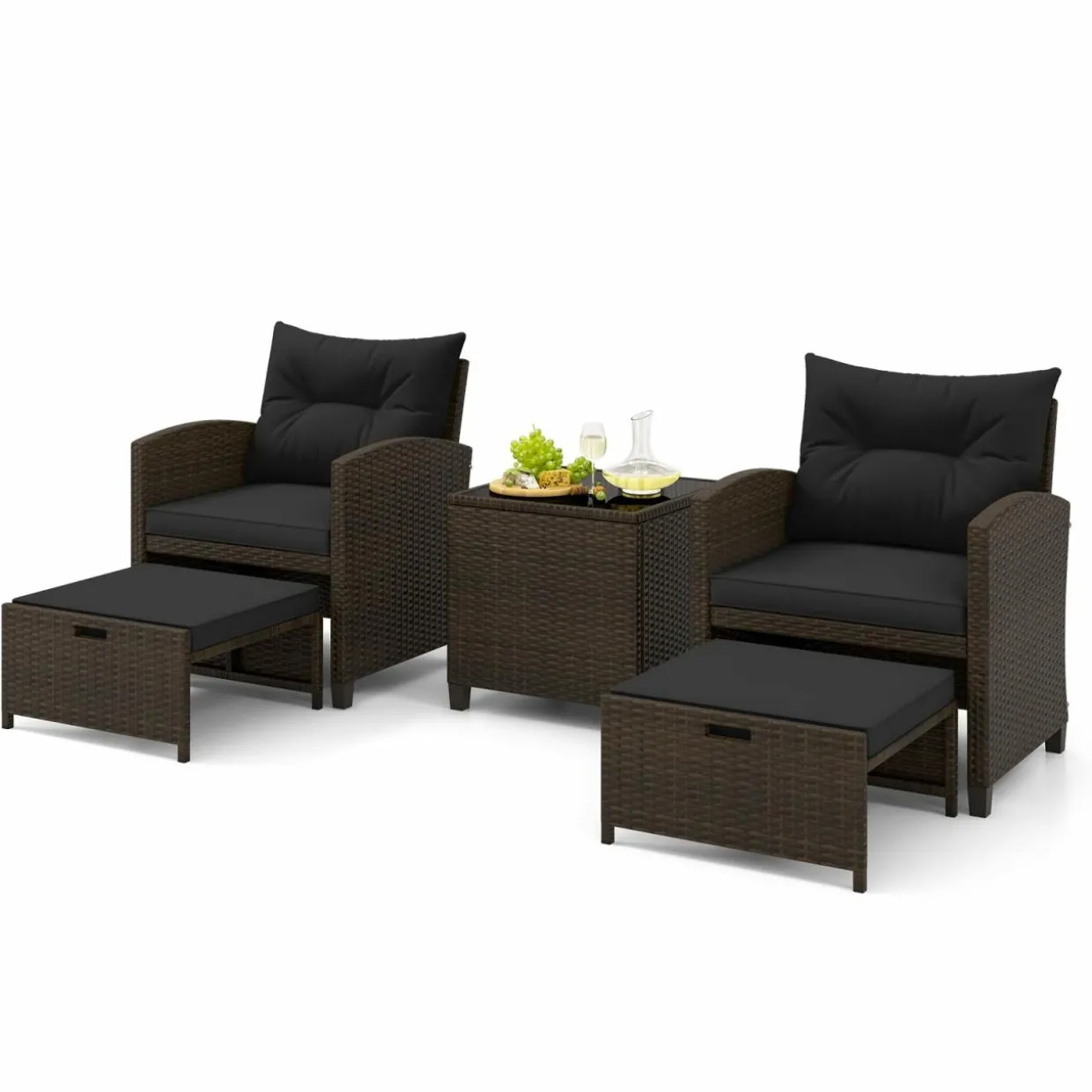 Tangkula 5 Piece Patio Rattan Furniture, Wicker Cushioned Chairs Set w/ 2 Ottomans & Tempered Glass Coffee Table