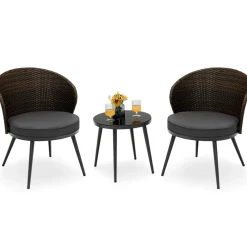 Tangkula 3 Piece Patio Rattan Bistro Set W/ 2 Seat Cushions, Tempered Glass Tabletop (Gray)