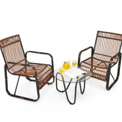 Tangkula 3 Piece Patio Rattan Furniture Set, Includes 2 Single Wicker Chairs and Glass Side Table