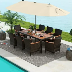 Tangkula 10 Piece Patio Rattan Dining Set with 15Ft Double-Sided Umbrella, Outdoor Acacia Wood Table and Wicker Chairs Set