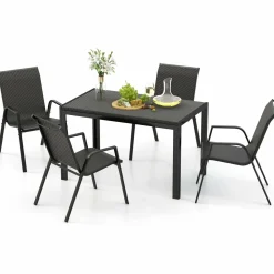 Tangkula 5 Piece Patio Rattan Dining Set, Outdoor Table & Chairs Set for 4, Machine Woven Wicker Tabletop & Seat (Brown)