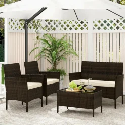 Tangkula 4/8 Piece Patio Rattan Conversation Set, Outdoor Wicker Furniture Set with Chair, Loveseat & Tempered Glass Table