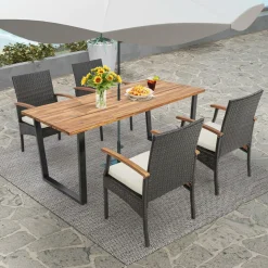 Tangkula 5 Piece Patio Rattan Dining Set, Outdoor Wicker Chair & Dining Table Set