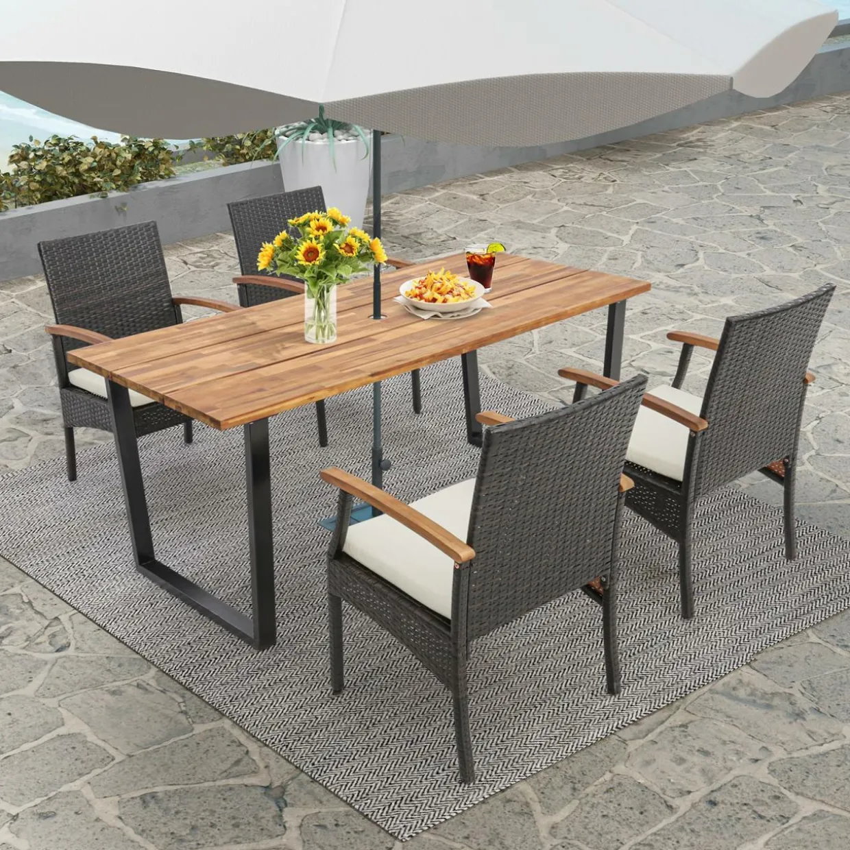 Tangkula 5 Piece Patio Rattan Dining Set, Outdoor Wicker Chair & Dining Table Set