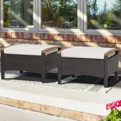Tangkula 2 Piece Patio Rattan Ottomans, Outdoor Wicker Footstool