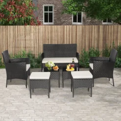 Tangkula 7 Piece Patio Rattan Sofa Set, Wicker Furniture Set with 2 Side Tables and 2 Ottomans, Solid Metal Frame, Soft Cushions