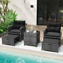 Tangkula 5 Piece Patio Rattan Furniture, Wicker Cushioned Chairs Set w/ 2 Ottomans & Tempered Glass Coffee Table
