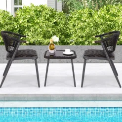 Tangkula 3 Piece Patio Rattan Furniture Set, Patiojoy Quick Dry Foam Padded Chairs w/Tempered Glass Tabletop
