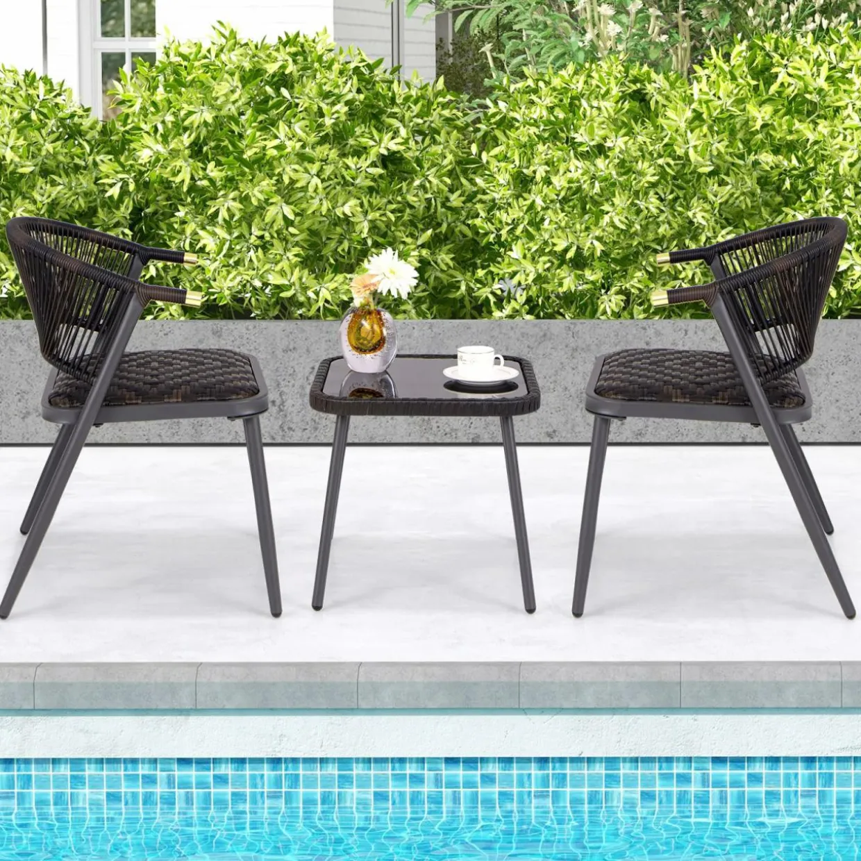 Tangkula 3 Piece Patio Rattan Furniture Set, Patiojoy Quick Dry Foam Padded Chairs w/Tempered Glass Tabletop