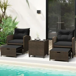 Tangkula 5 Piece Patio Rattan Furniture, Wicker Cushioned Chairs Set w/ 2 Ottomans & Tempered Glass Coffee Table