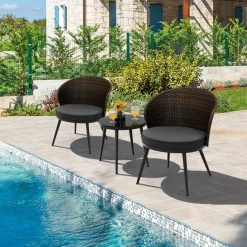 Tangkula 3 Piece Patio Rattan Bistro Set W/ 2 Seat Cushions, Tempered Glass Tabletop (Gray)