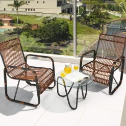 Tangkula 3 Piece Patio Rattan Furniture Set, Includes 2 Single Wicker Chairs and Glass Side Table