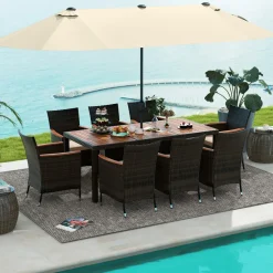 Tangkula 10 Piece Patio Rattan Dining Set with 15Ft Double-Sided Umbrella, Outdoor Acacia Wood Table and Wicker Chairs Set