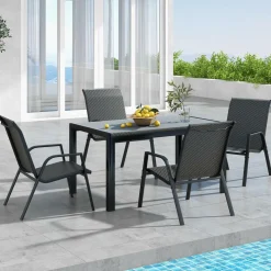 Tangkula 5 Piece Patio Rattan Dining Set, Outdoor Table & Chairs Set for 4, Machine Woven Wicker Tabletop & Seat (Brown)