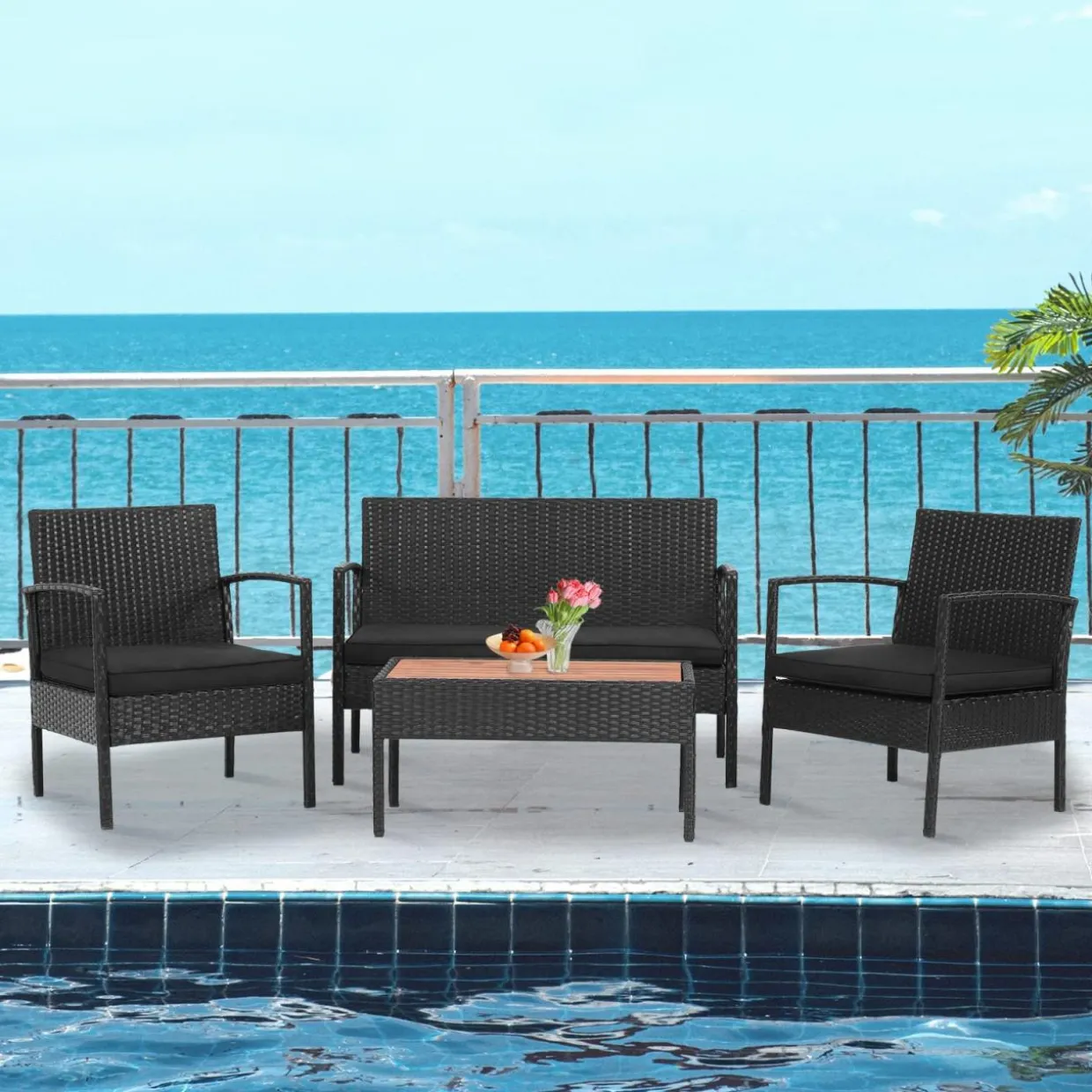 Tangkula 4 Piece Patio Rattan Conversation Set, Outdoor Wicker Sofa Furniture, Outside Sectional for Poolside, Deck, Garden