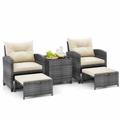 Tangkula 5 Piece Patio Rattan Furniture, Wicker Cushioned Chairs Set w/ 2 Ottomans & Tempered Glass Coffee Table