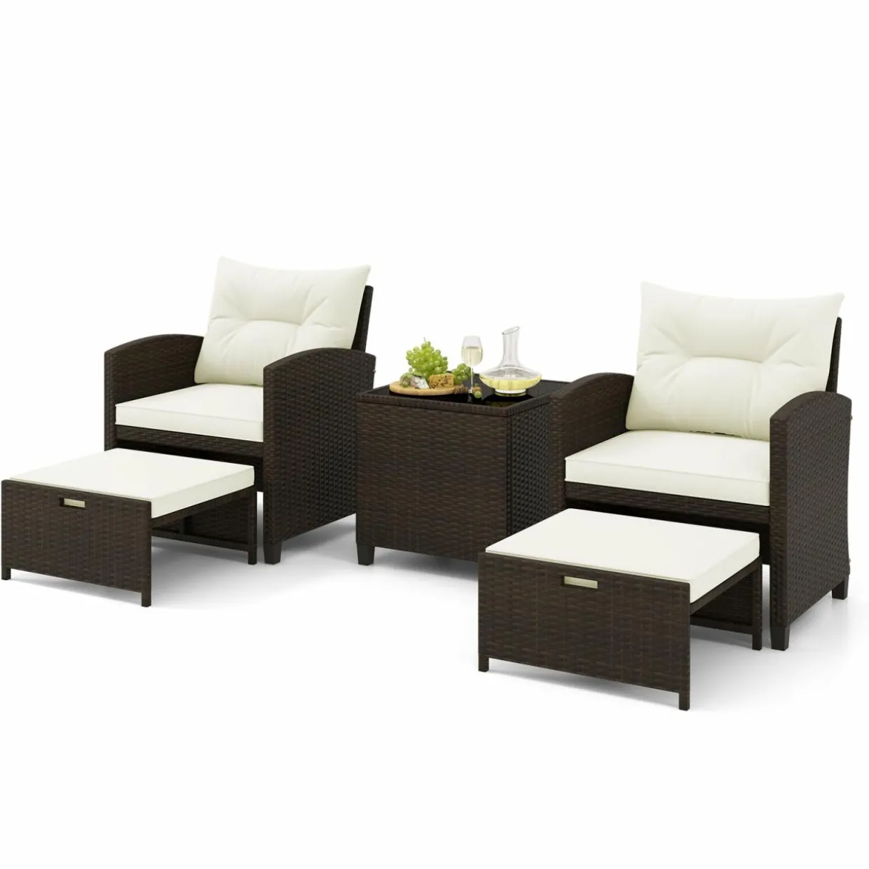 Tangkula 5 Piece Patio Rattan Furniture, Wicker Cushioned Chairs Set w/ 2 Ottomans & Tempered Glass Coffee Table