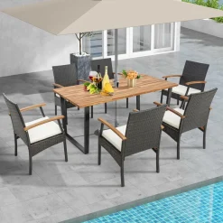 Tangkula 5 Piece Patio Rattan Dining Set, Outdoor Wicker Chair & Dining Table Set