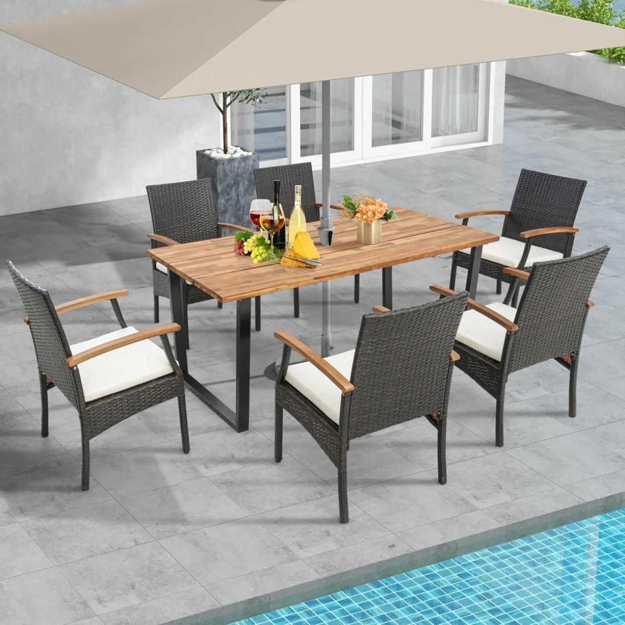 Tangkula 5 Piece Patio Rattan Dining Set, Outdoor Wicker Chair & Dining Table Set