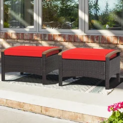Tangkula 2 Piece Patio Rattan Ottomans, Outdoor Wicker Footstool