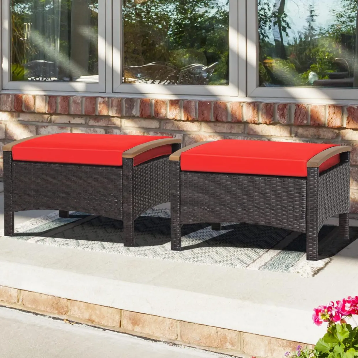 Tangkula 2 Piece Patio Rattan Ottomans, Outdoor Wicker Footstool