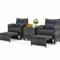 Tangkula 5 Piece Patio Rattan Furniture, Wicker Cushioned Chairs Set w/ 2 Ottomans & Tempered Glass Coffee Table