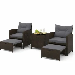 Tangkula 5 Piece Patio Rattan Furniture, Wicker Cushioned Chairs Set w/ 2 Ottomans & Tempered Glass Coffee Table