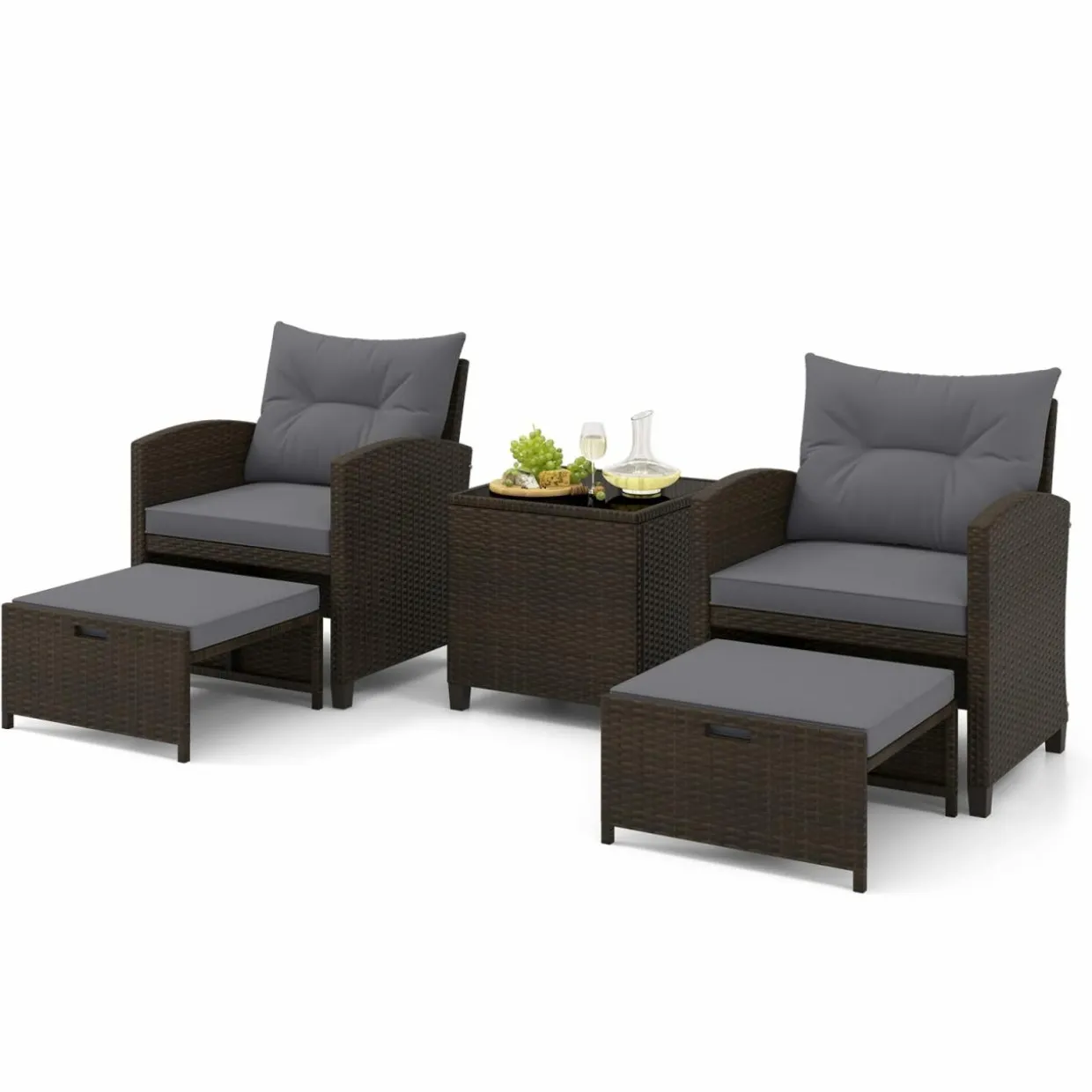 Tangkula 5 Piece Patio Rattan Furniture, Wicker Cushioned Chairs Set w/ 2 Ottomans & Tempered Glass Coffee Table