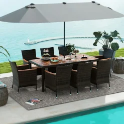 Tangkula 10 Piece Patio Rattan Dining Set with 15Ft Double-Sided Umbrella, Outdoor Acacia Wood Table and Wicker Chairs Set