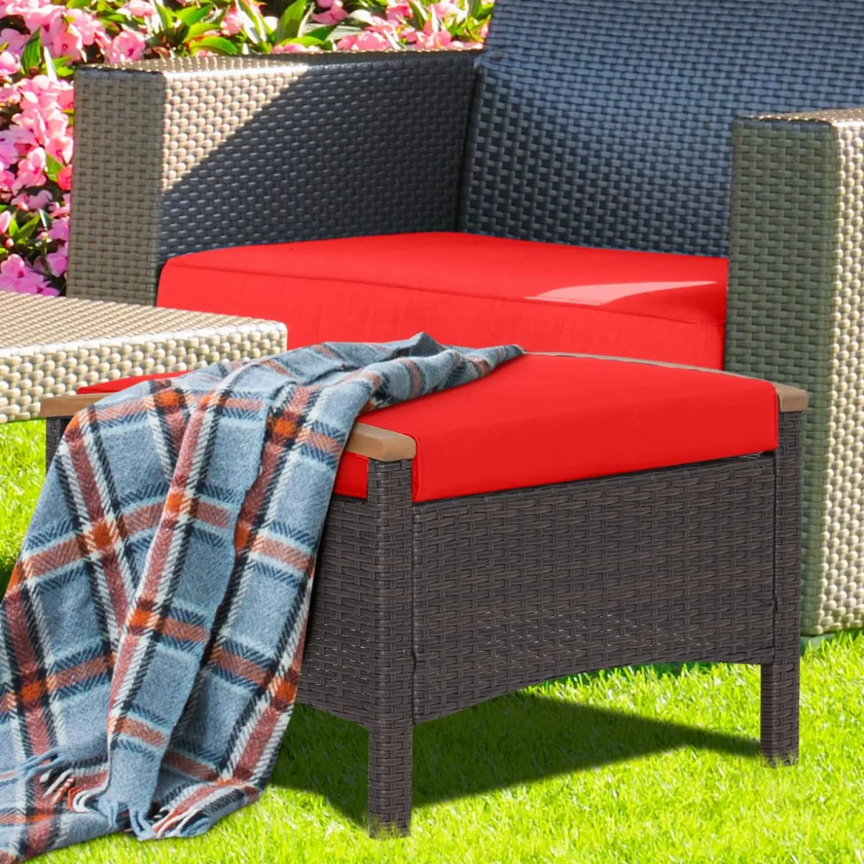 Tangkula 2 Piece Patio Rattan Ottomans, Outdoor Wicker Footstool