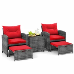 Tangkula 5 Piece Patio Rattan Furniture, Wicker Cushioned Chairs Set w/ 2 Ottomans & Tempered Glass Coffee Table