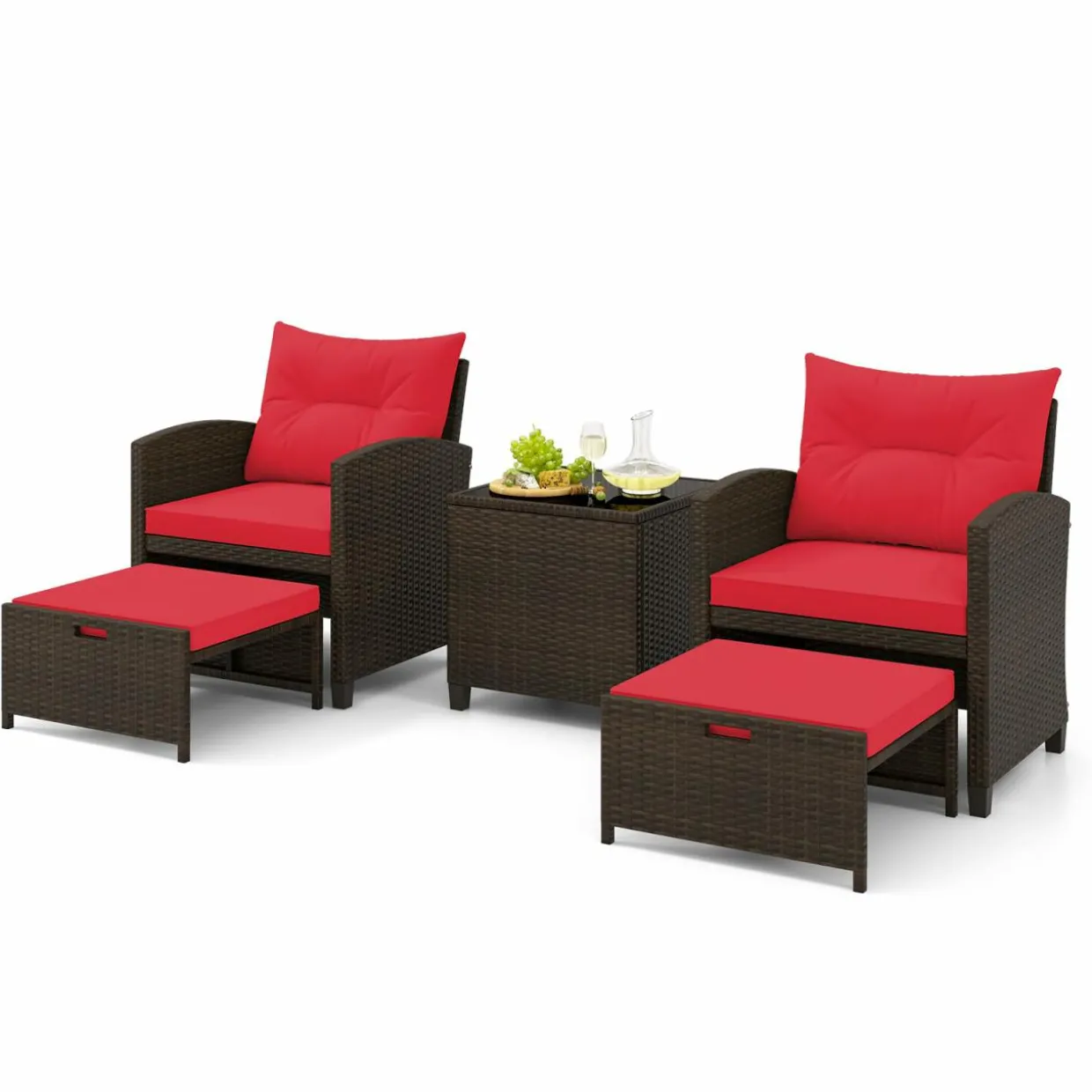 Tangkula 5 Piece Patio Rattan Furniture, Wicker Cushioned Chairs Set w/ 2 Ottomans & Tempered Glass Coffee Table