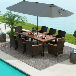 Tangkula 10 Piece Patio Rattan Dining Set with 15Ft Double-Sided Umbrella, Outdoor Acacia Wood Table and Wicker Chairs Set